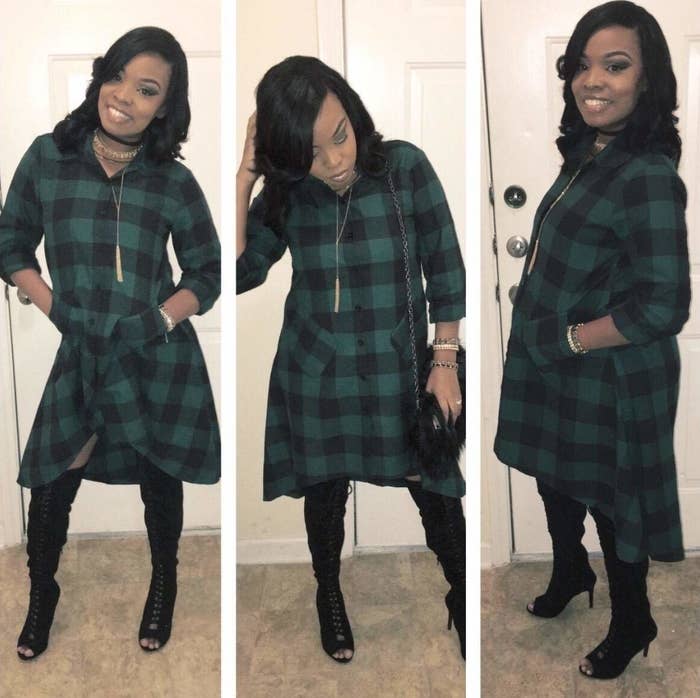 Reviewer wearing green and black plaid dress