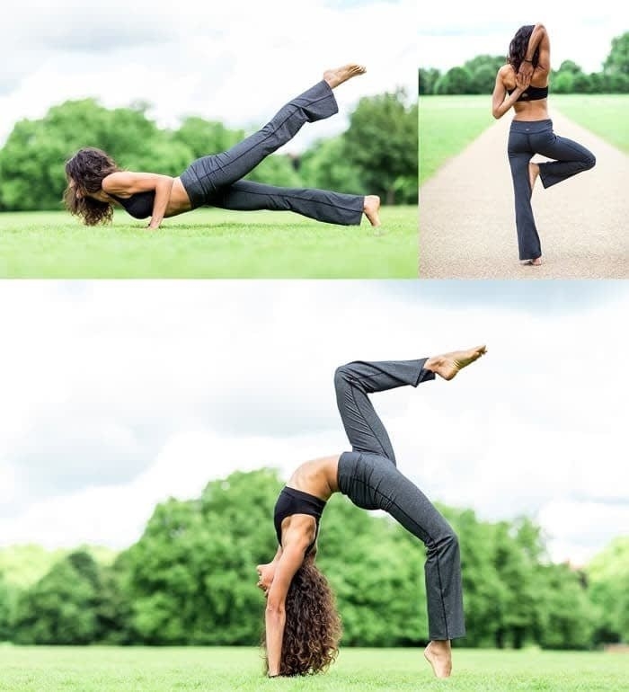 Three-part image of a model wearing the boot-cut yoga pants in grey while doing various yoga poses.