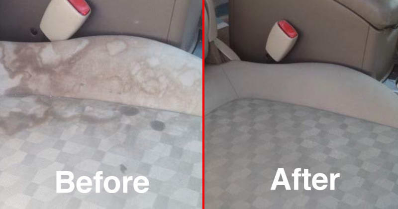 on the left, a car seat with a stain, and on the right, the same car seat now clean 