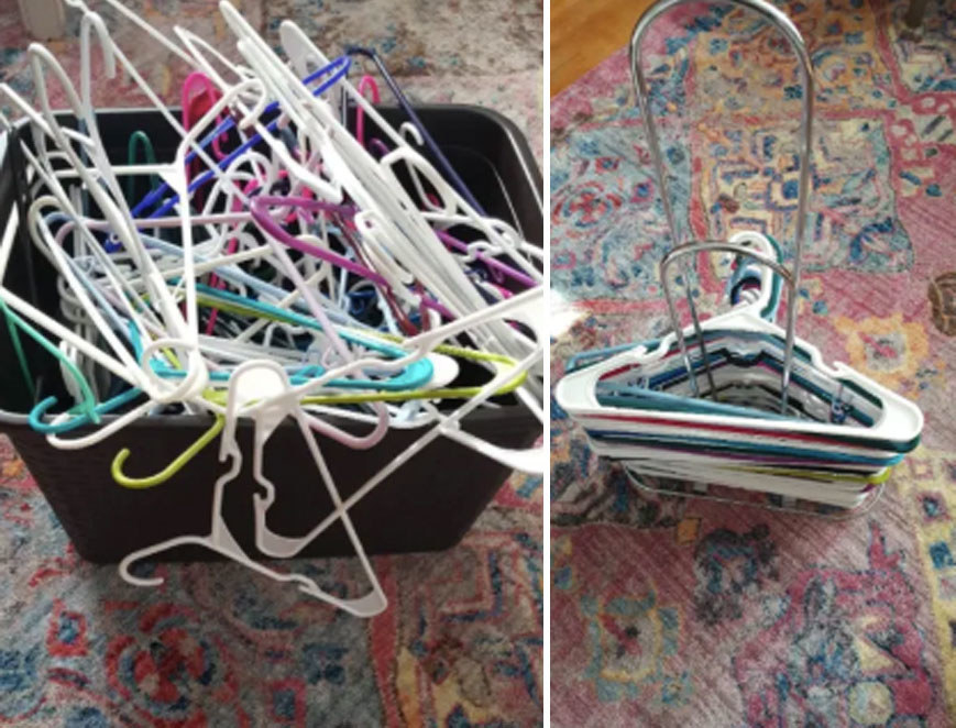 A before and after of hangers all messy and then very organized on the product