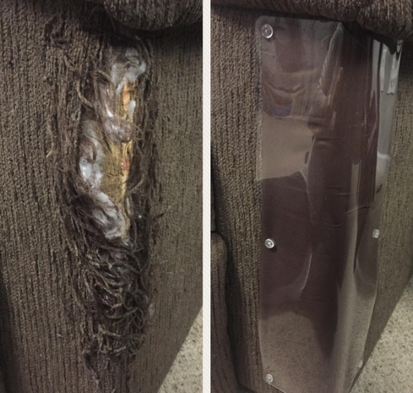 A side by side showing a damaged leg of the couch next to the protected side un-touched