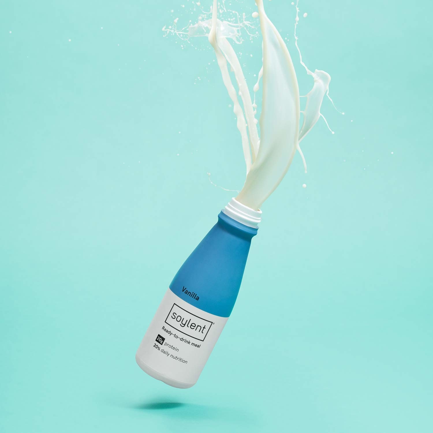 A product shot of the vanilla Soylent bottle 