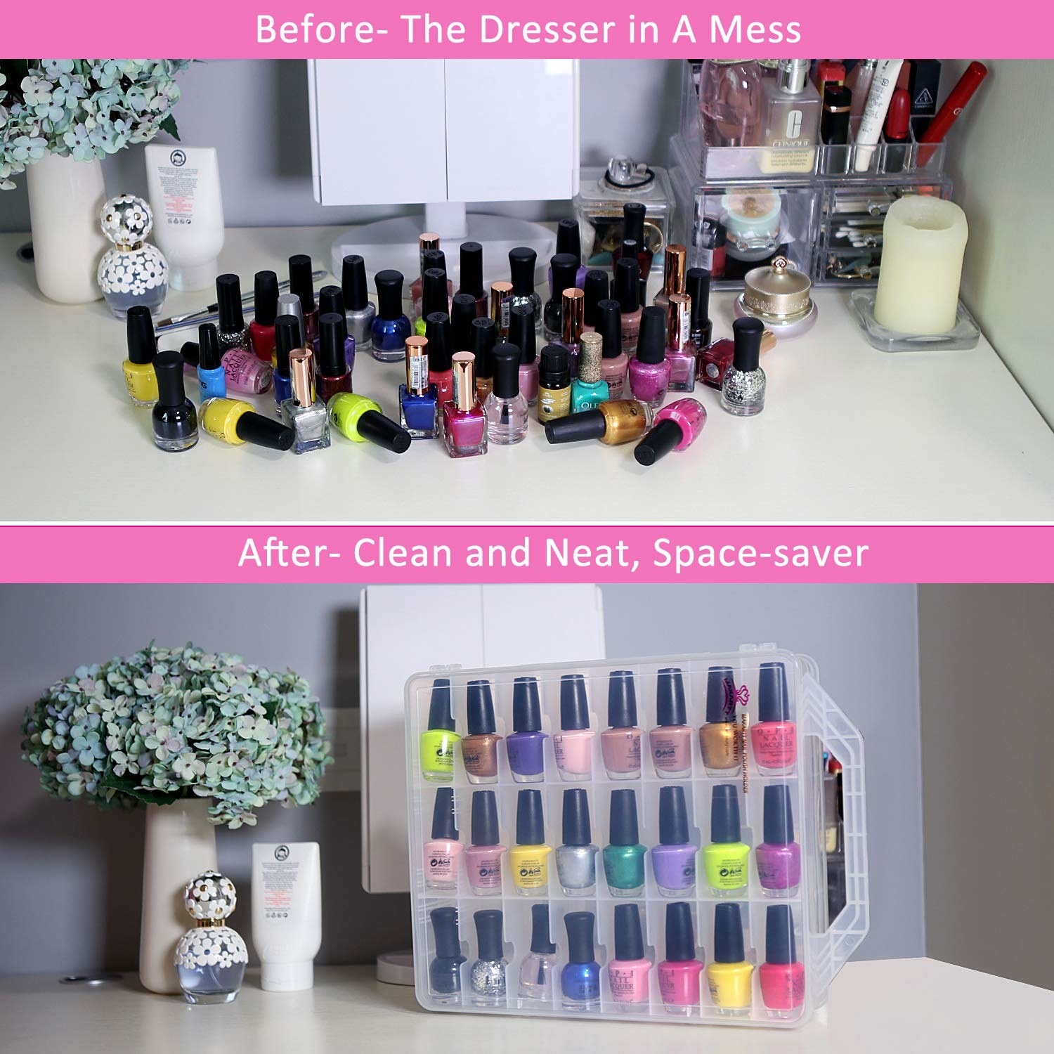 before pic of pile of nail polish, then same nail polishes in organizer