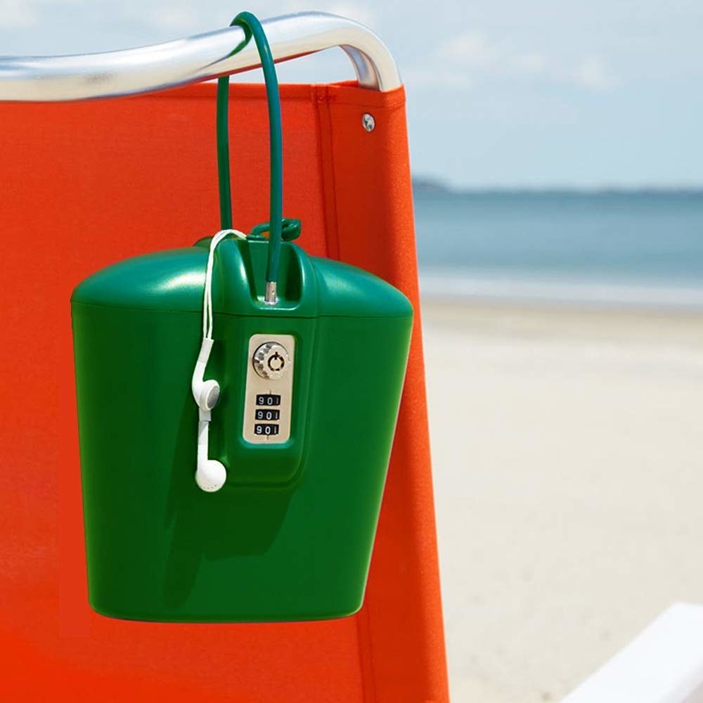 the green lockbox wrapped around a beach chair