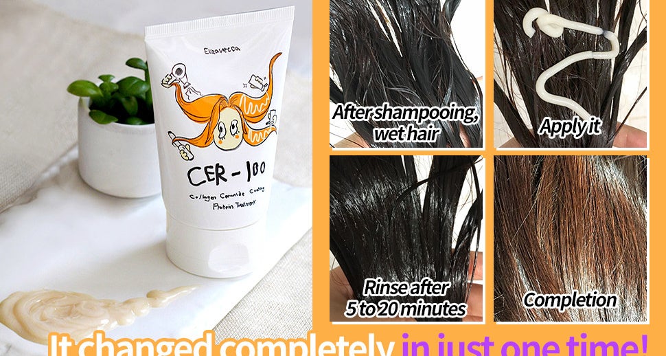 A series of photos showing the process of applying the treatment on to hair and a photo of the bottle of the treatment
