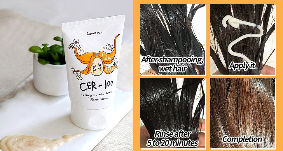 A series of photos showing the process of applying the treatment on to hair and a photo of the bottle of the treatment