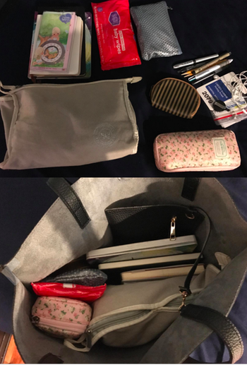 A series of customer review photos showing a variety of items followed by a photo of all those items in the bag