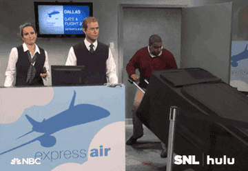 A gif from SNL showing someone trying to board a plane with a giant carry on
