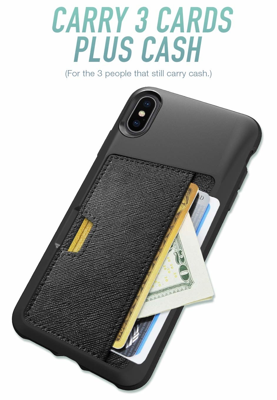 The black phone case with textured leather pocket that holds three cards plus cash