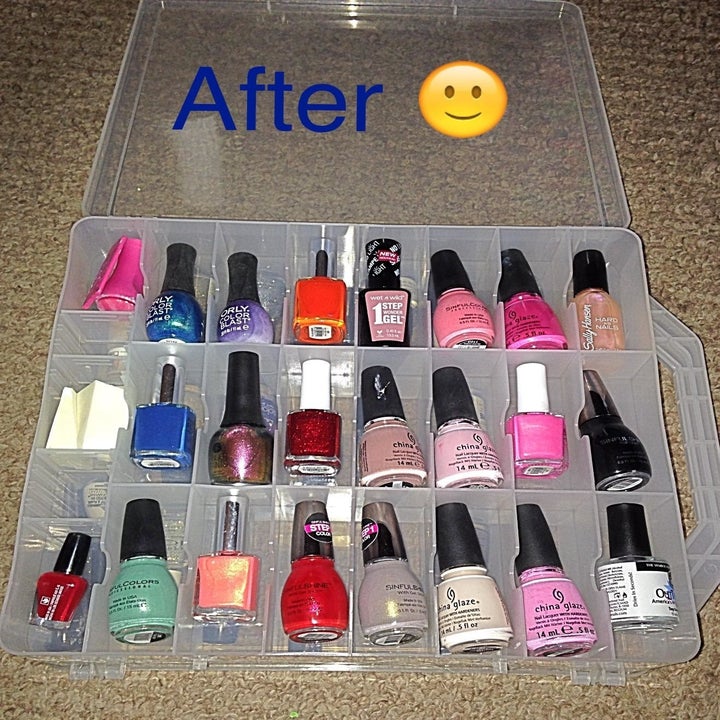 Same nail polishes in the organizer each in their own little compartment labeled "after" with a smiley face