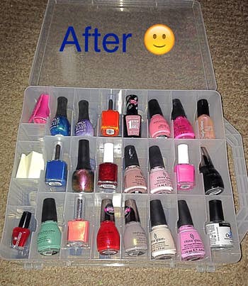 A customer after picture of their nail polishes organized in the holder. 