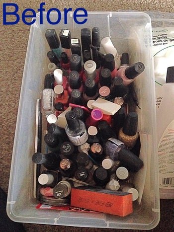 Reviewer's disorganized bin of nail polish labeled 
