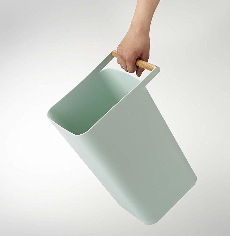 minimalist rectangular trash can with wooden handle