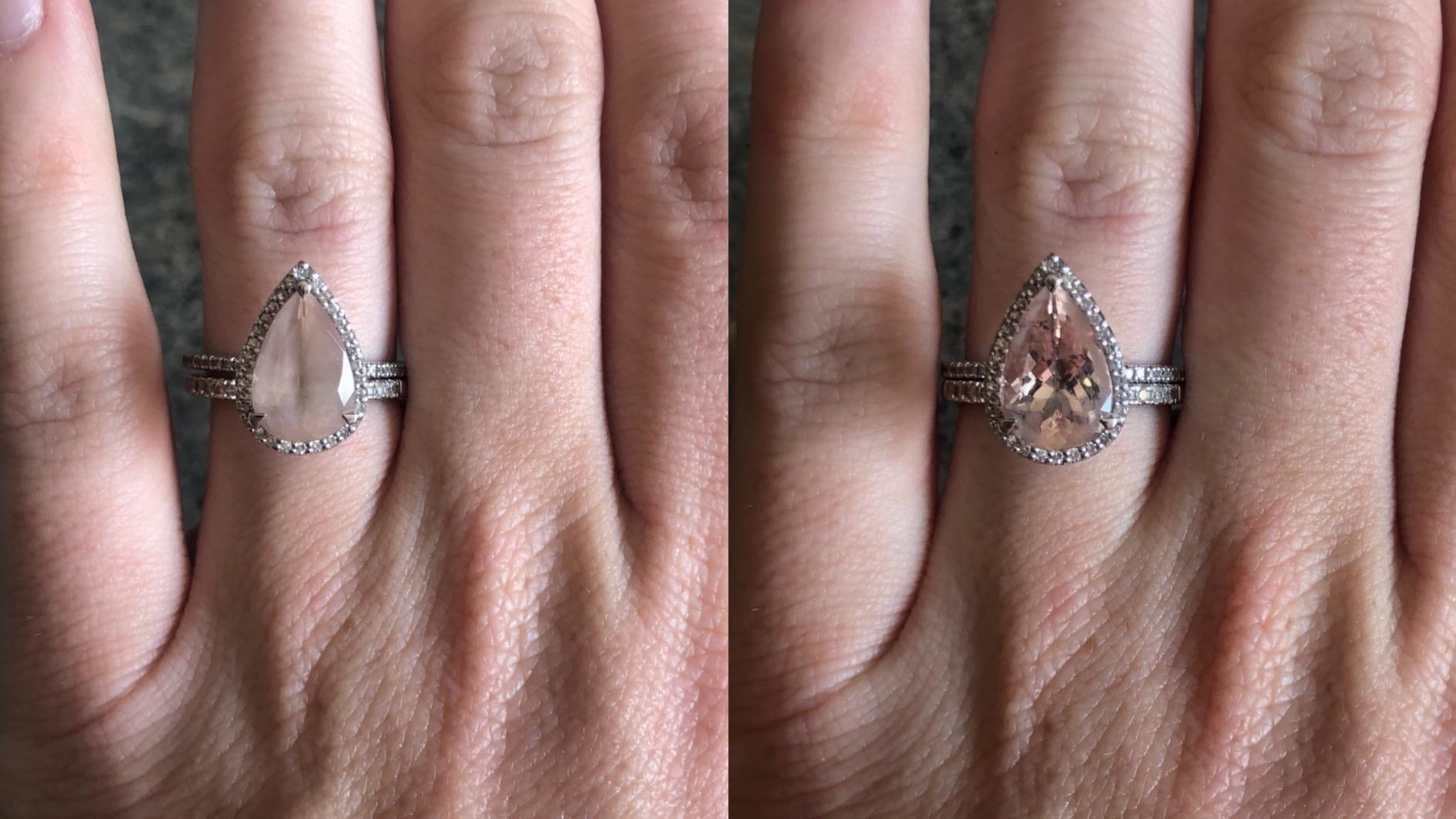 on the left a reviewer&#x27;s gemstone ring looking cloudy, on the right the same ring looking clear and clean