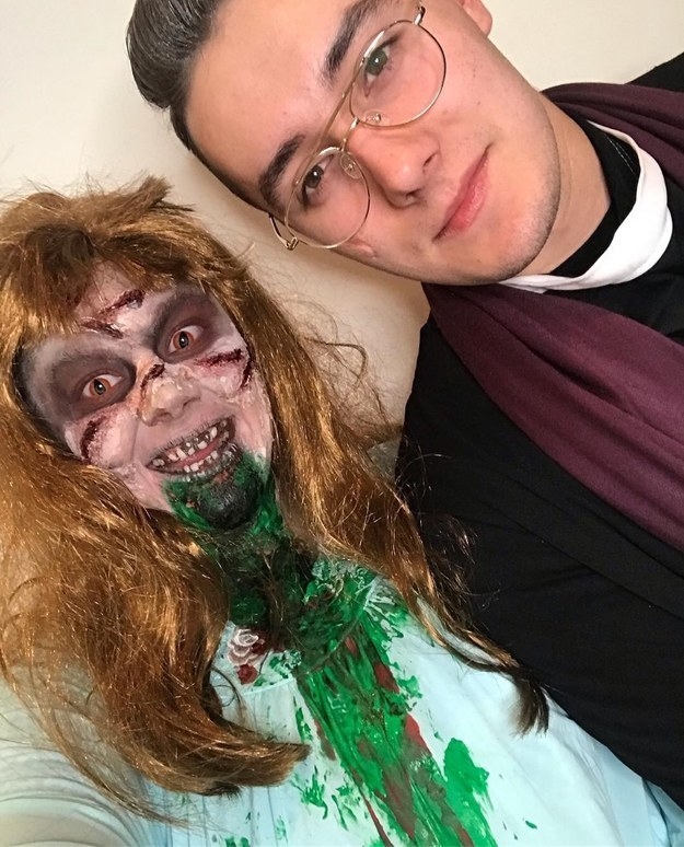 Someone dressed as a possessed girl with fake vomit coming down her face, and another as a priest