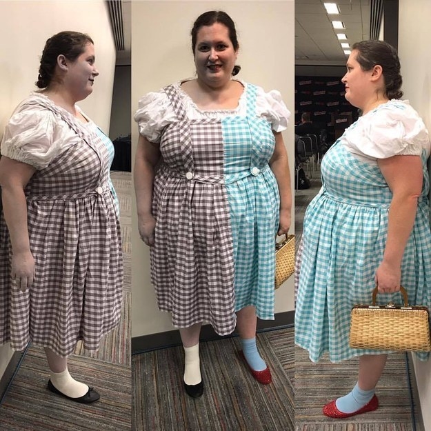 Someone in a split black-and-white vs. colorful Dorothy costume