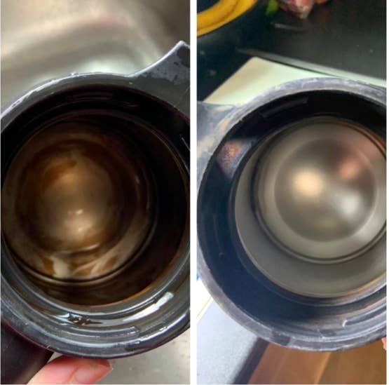 A before-and after photo of a reviewer&#x27;s mug. On the left, the mug with the inside very stained and tarnished. On the right, the same mug with a shiny, clean silver interior
