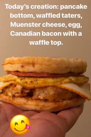 reviewer holding up breakfast sandwich with text 