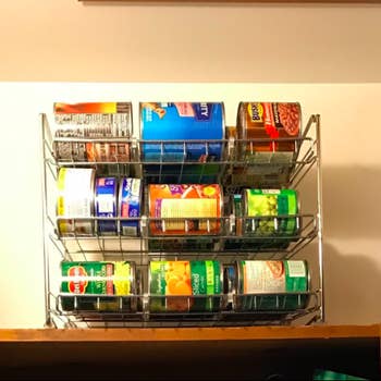 chrome three-shelf organizer in a reviewer's pantry