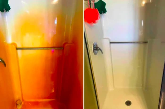A customer review before and after photo of their shower filled with rust and then once it&#x27;s been cleaned with the rust remover. 
