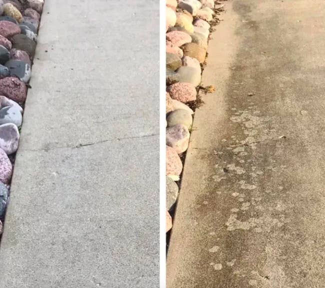 Reviewer's sidewalk oil free and clean after use and covered in dark tire marks and oil spots before use