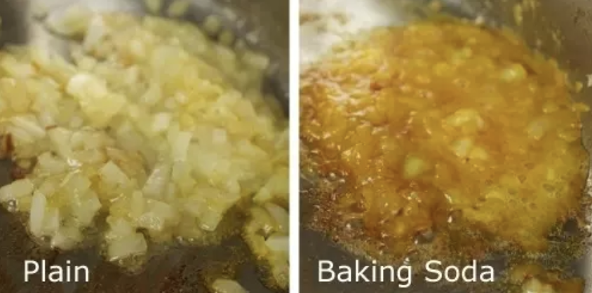 A before-and-after shot of raw onions and caramelized onions