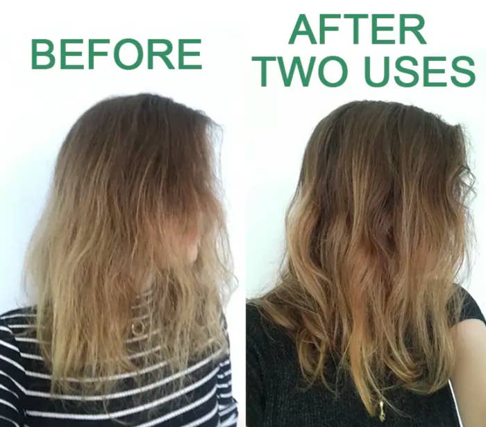 person with frizzy damaged hair before and refreshed looking hair now