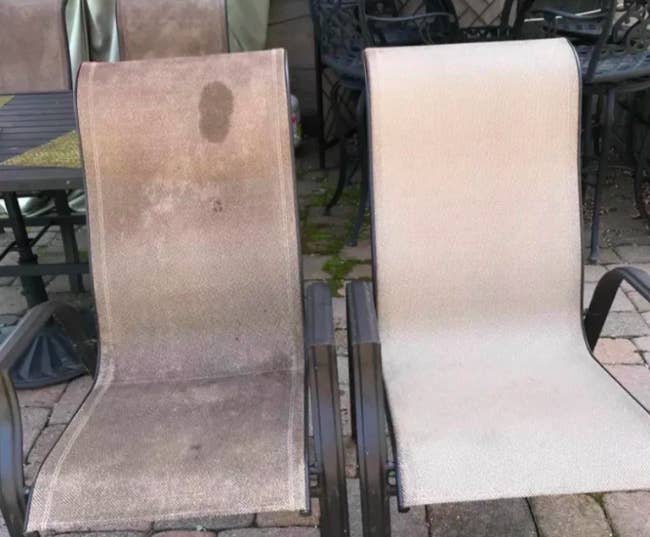 Reviewer showing their outdoor chairs cleaned with and without the stain remover