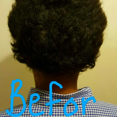 A reviewer image of the back of their head with text that reads "Before" 