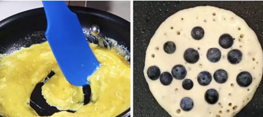 Making scrambled eggs and pancakes in a non-stick pan