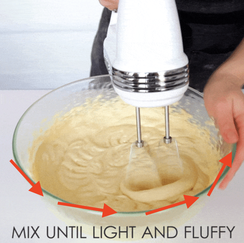 A baker holding a hand-mixer with one hand and the edge of a bowl with the other