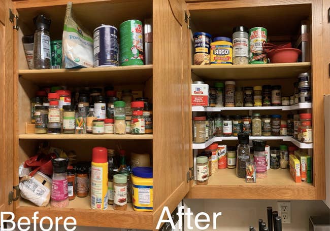 before: messy cabinet shelves after: the bottom shelf is replaced with the spice shelf and looks organized 