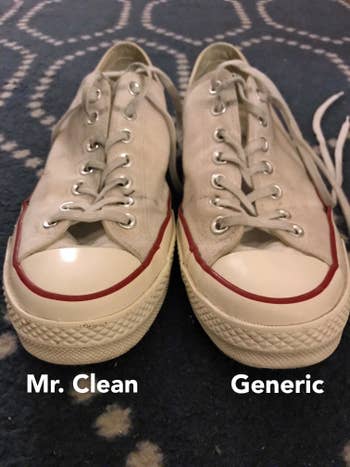 shoes are now equally cleaned, one was cleaned with a mr clean and the other a generic sponge