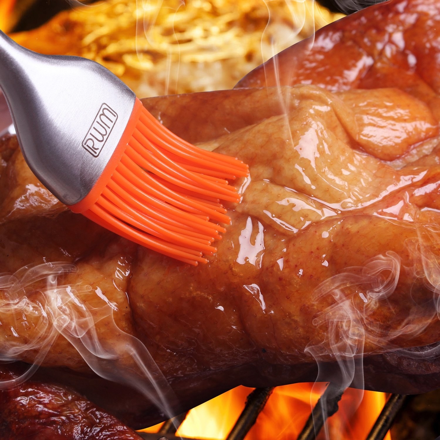 Silicone brush covering cooking chicken in sauce 