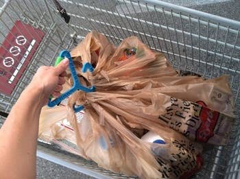 Reviewer holding multiple plastic bags using the handle