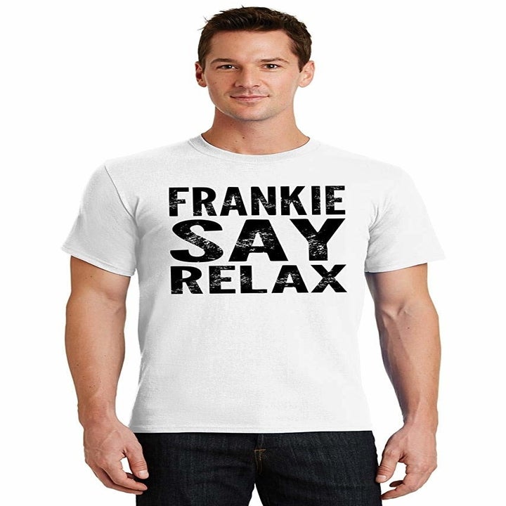 a model in a white tee with the words frankie say relax on it