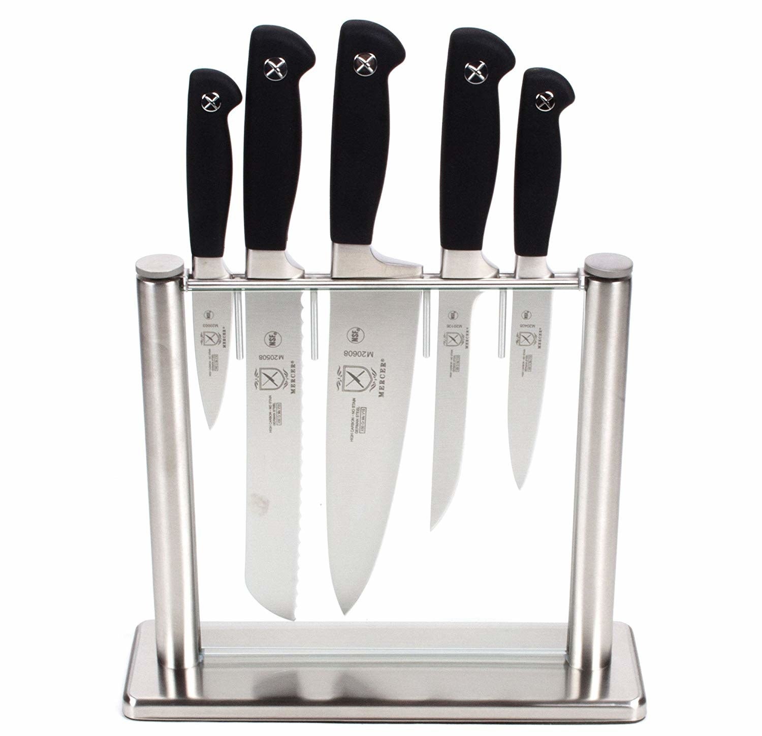 Five knives held in a glass knife block