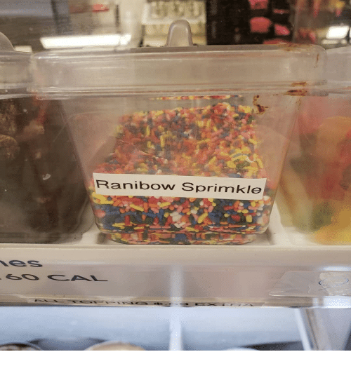 Sprinkles container reading &quot;ranibow sprimkle&quot;
