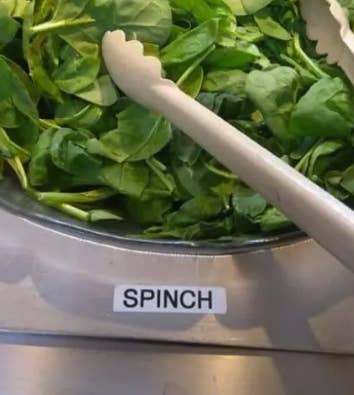 Spinach container reading "spinch"