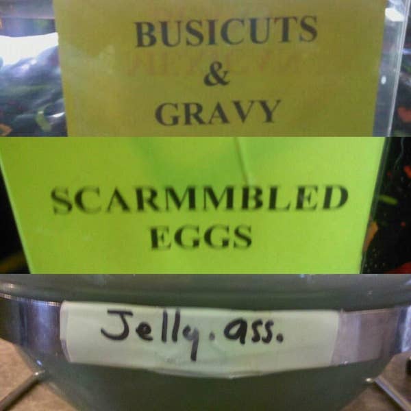 Sign reading "scarmmbled eggs"