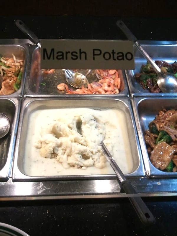 Mashed potatoes with a sign labeled "marsh potao"