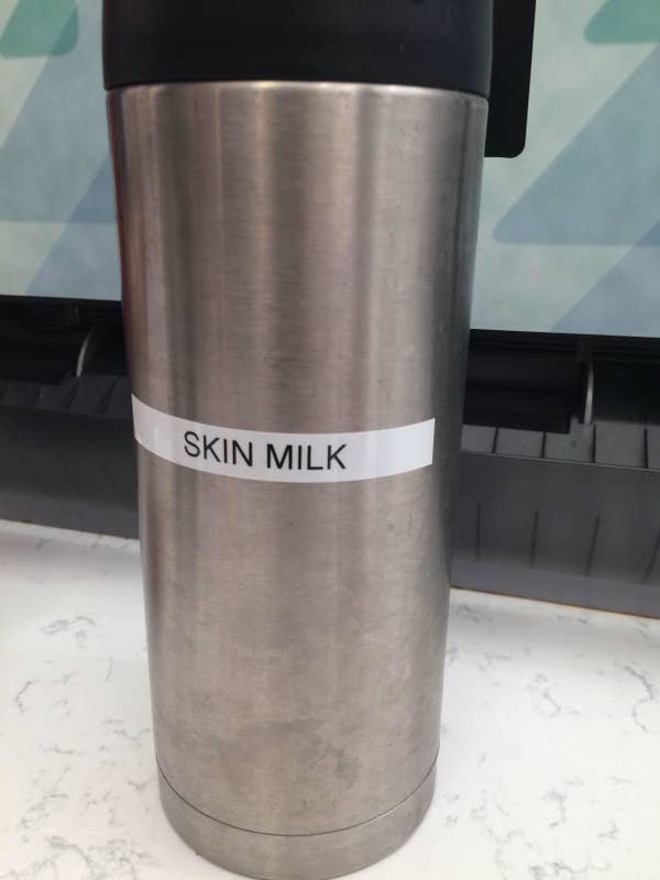 Milk dispenser labeled "skin milk"