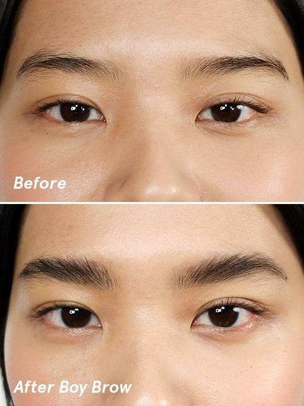 Model's before photo of sparse dark brows next to an after photo of their dark, filled-in feathered-out brows