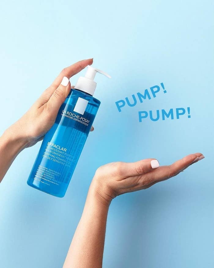 Hand pumping the cleanser with words &quot;pump pump&quot;