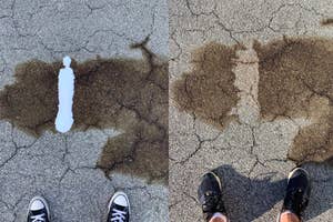 A series of customer review photos showing an oil stain being removed from the sidewalk