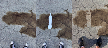 A series of customer review photos showing an oil stain being removed from the sidewalk