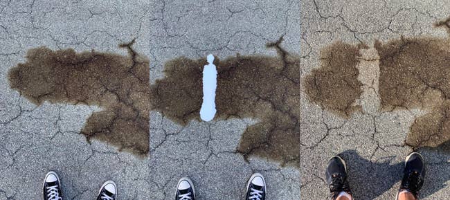 A series of before and afters showing an oil stain being removed from the sidewalk
