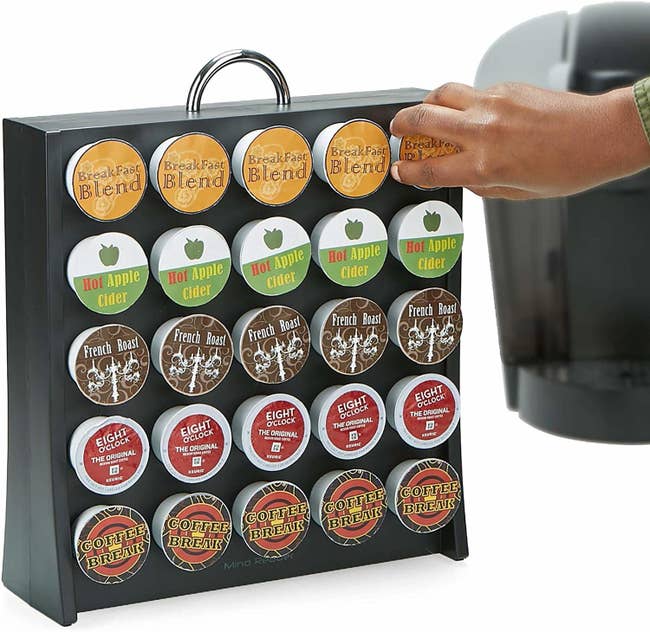 stand with a handle on top and the pods sticking in the front so you can see which coffee pod is which