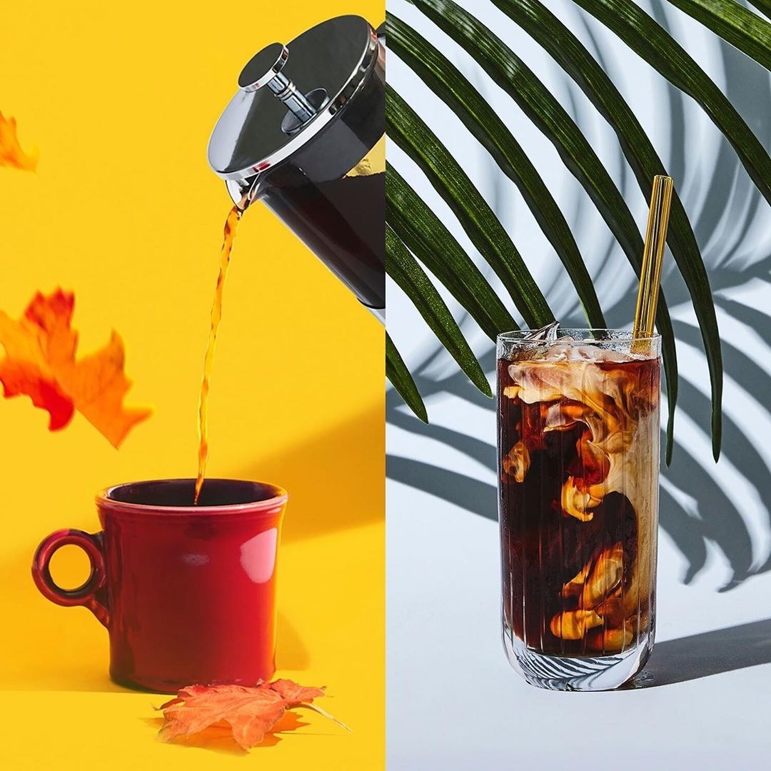 to the left: coffee being poured into a mug, to the right: cold brew coffee in a glass
