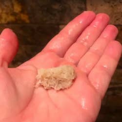 a reviewer holding a clump of dead skin in their hand